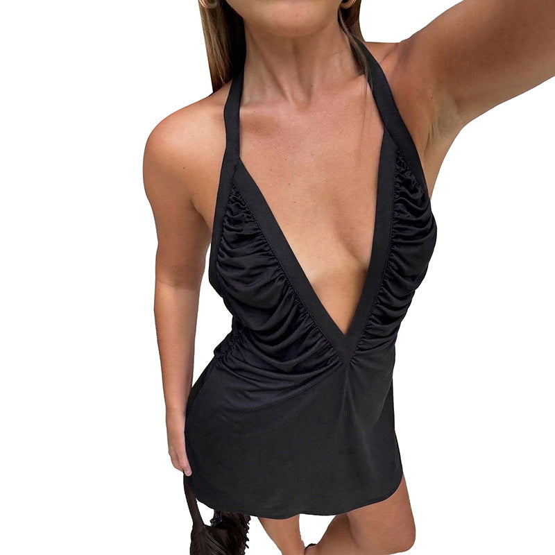 Halter V-Neck Pleated Bodycon Mini Dress