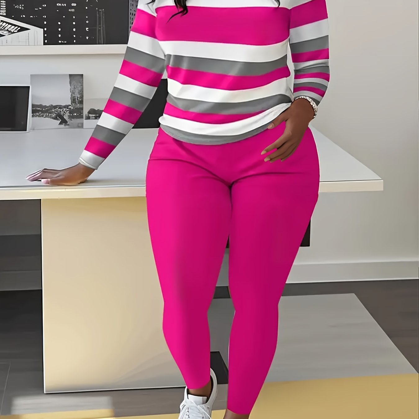 Women's Striped Long Sleeve T-Shirt and Solid Color Long Pants Set