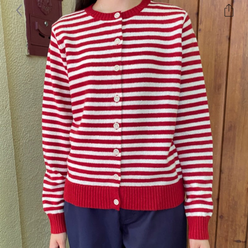 Korean-style Red Striped Knit Cardigan for Women in Autumn