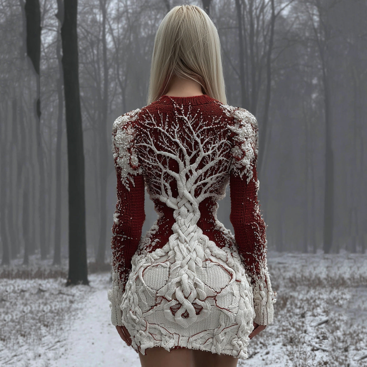 Women's Slim Fit Long Sleeved Short Dress with 3d Printing