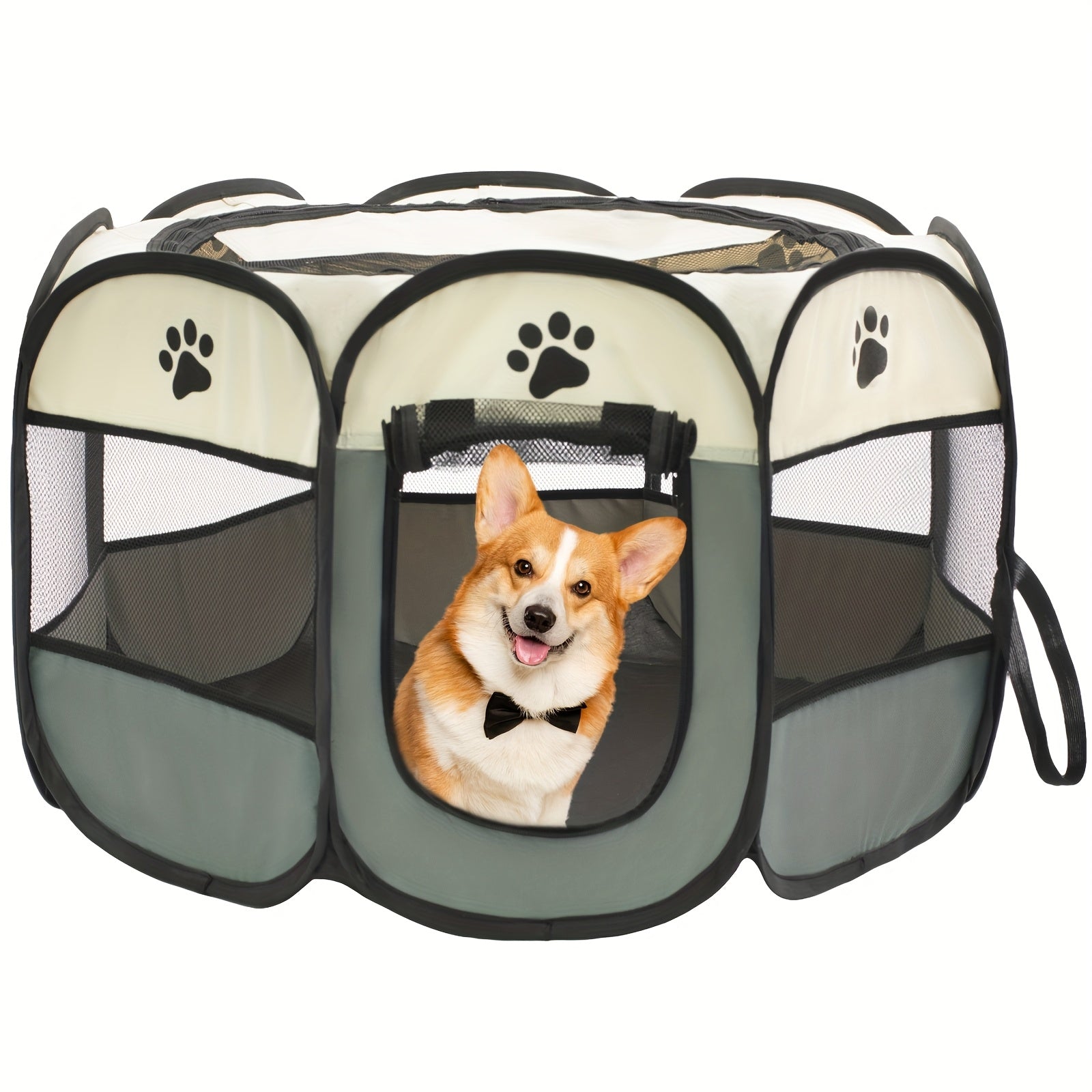 Foldable Octagon Pet Playpen Tent For Cats & Dogs - Scratch-Resistant Oxford Cloth With Removable Zippered Top & Mesh Door, 360° Ventilation, Indoor/Outdoor Puppy & Kitten Enclosure, Traditional St...