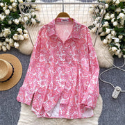 Relaxed Casual Shirt Women Autumn Europe And America Fashion Loose Slim Versatile Long Sleeve Printed Cardigan Top