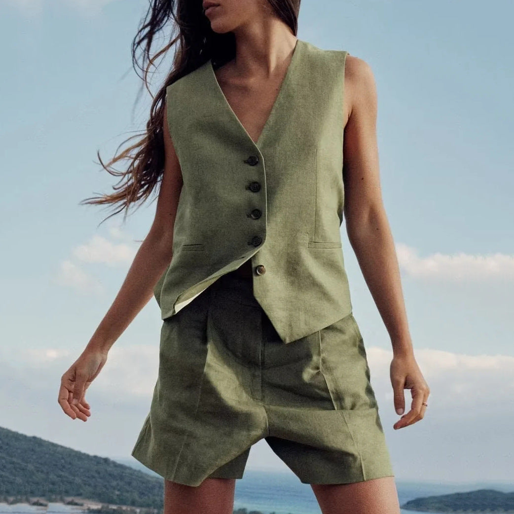 High-Waisted Wide Leg Jumpsuit Set with V-Neck Vest