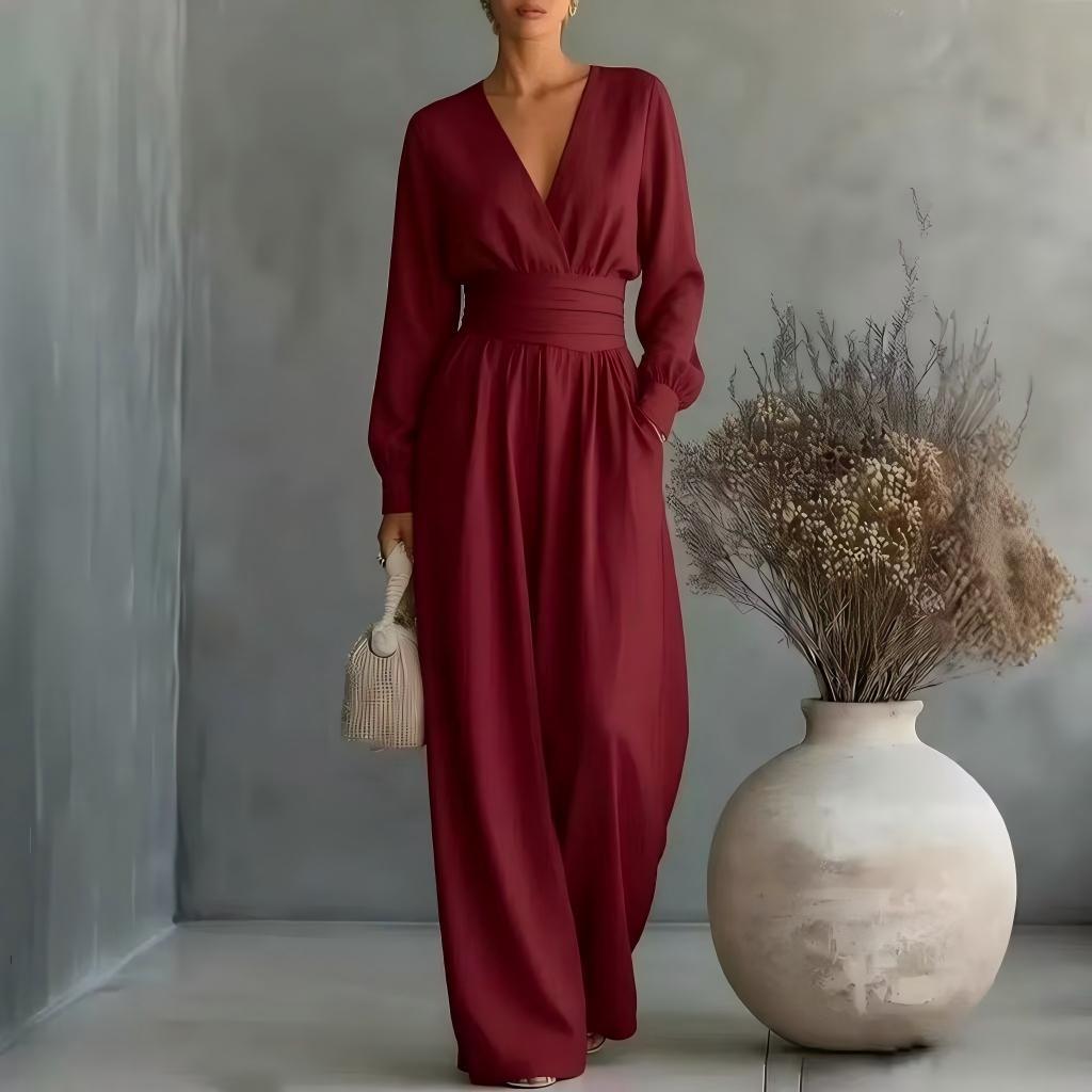 Fitted-waist V-neck Long-sleeve Womens Solid-color Jumpsuit