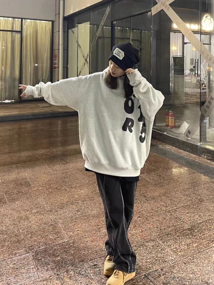 White Gray Pure Cotton Hooded Sweater With Plush And Thickened