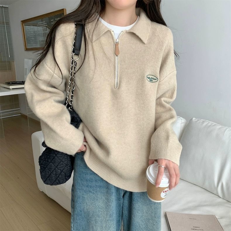 Korean Chic Polo Zipper Knit Sweater
