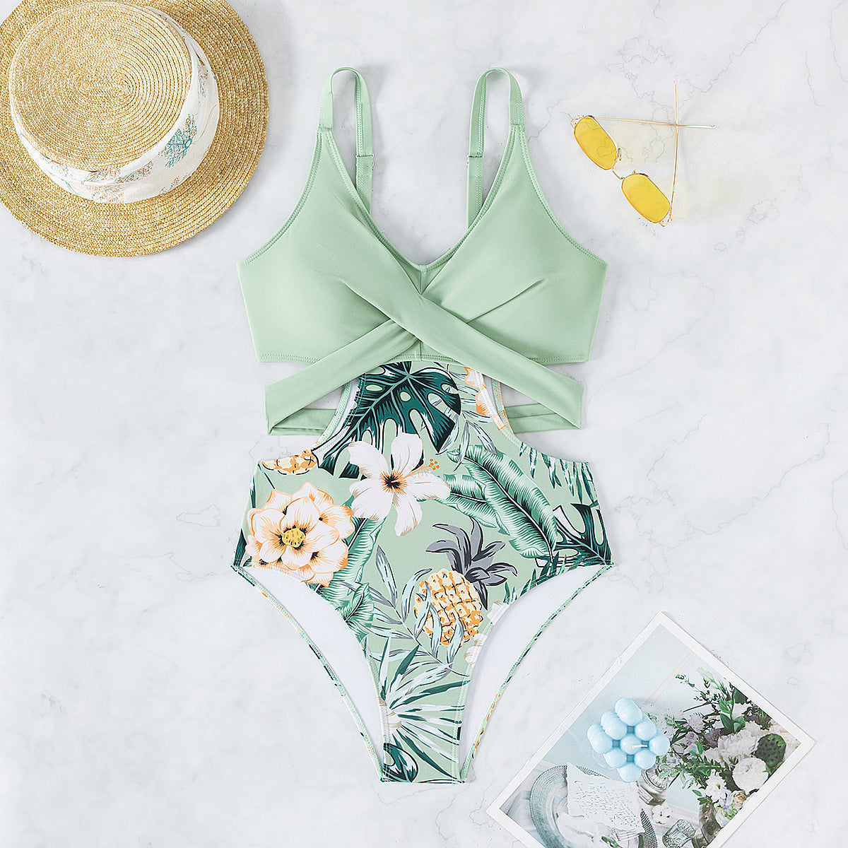 Printed Hollow-Out Tied One-Piece Bikini