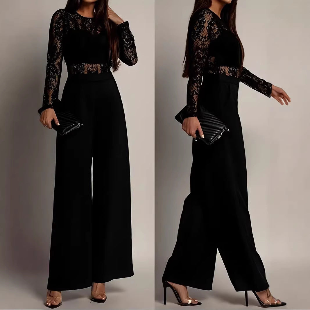 Womens Lace-Panel Long-Sleeve Wide-Leg Jumpsuit