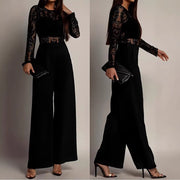 Womens Lace-Panel Long-Sleeve Wide-Leg Jumpsuit