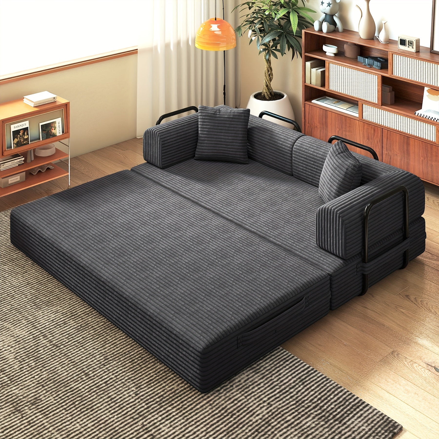Modular L-shaped chaise longue sofa bed with deep seat and corduroy upholstery