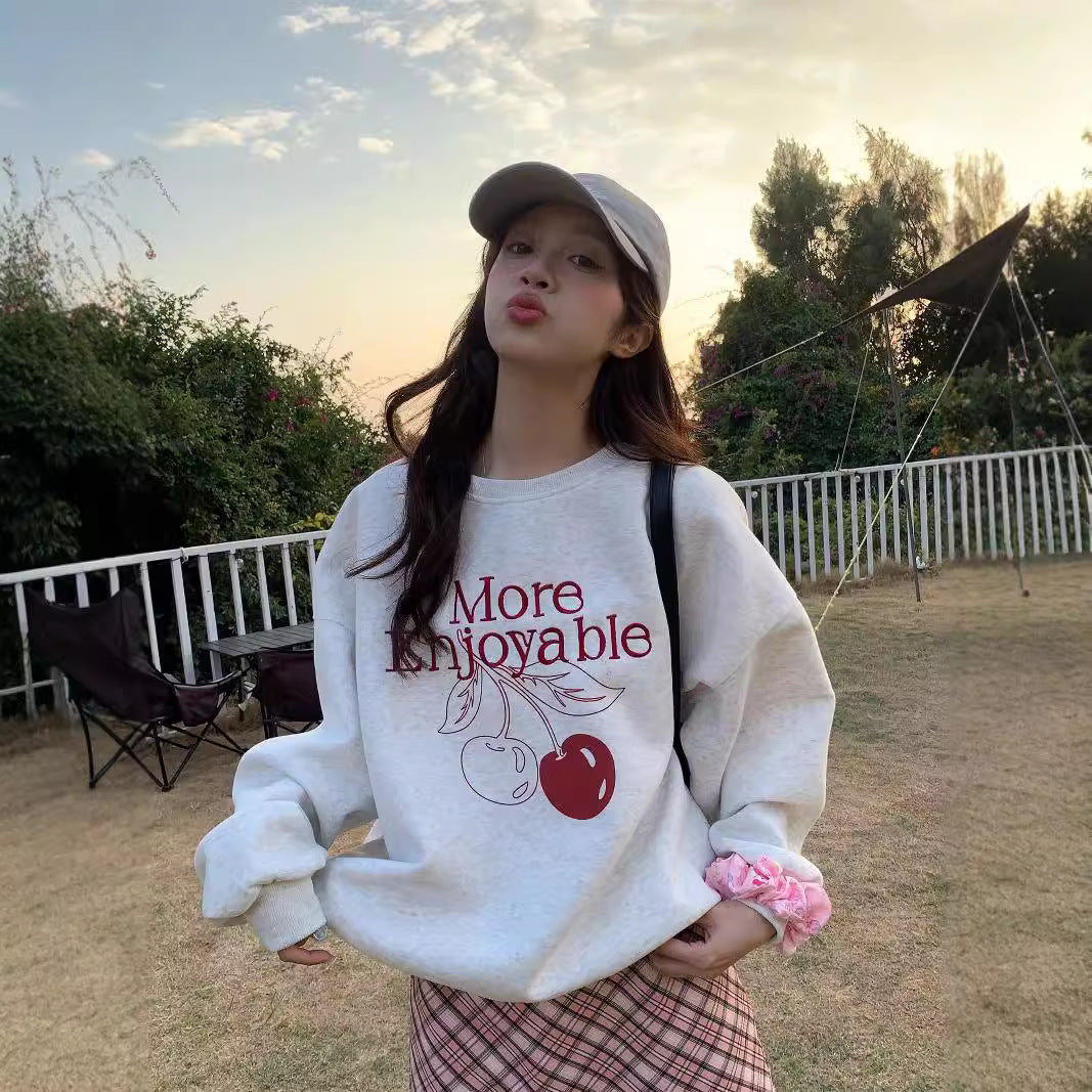 Cute Cherry Print Fleece-Lined Loose Sweatshirt