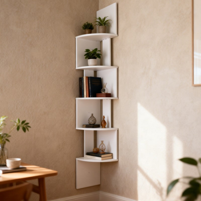 Five-tier white or black wall-mounted corner storage shelf for small spaces