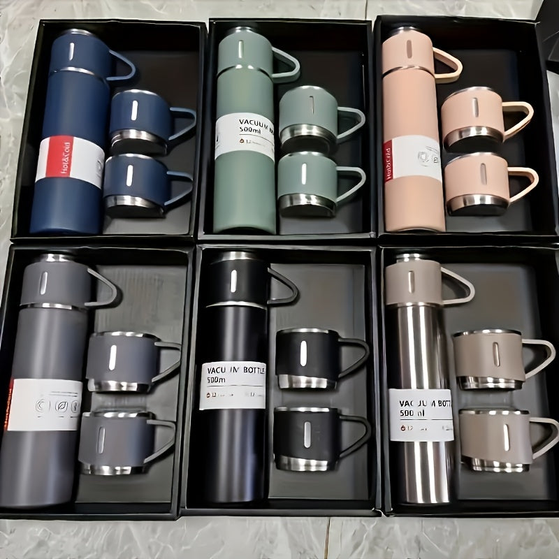 4pcs Insulated Cup Set with Stainless Steel Thermal Bottle & 3 Lids - 500ml/16.9oz Vacuum Insulated Tumbler, Lids, Multi-Color Options (Black, Navy, Green, Grey, Pink, White, Beige) - Reusable Ther...