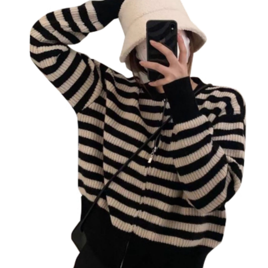 Women's Spring and Autumn Short Striped Knitted Bottoming Sweater