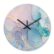 Modern Marble Wall Clock 12/14/16 Inch - Silent Non-Ticking Large Round Luxury Marble Texture with Golden Hands, Thickened Tempered Glass-Like Face (No Battery) - Pink/Blue/Golden Marble Pattern for Living Room, Bedroom, Office - Elegant