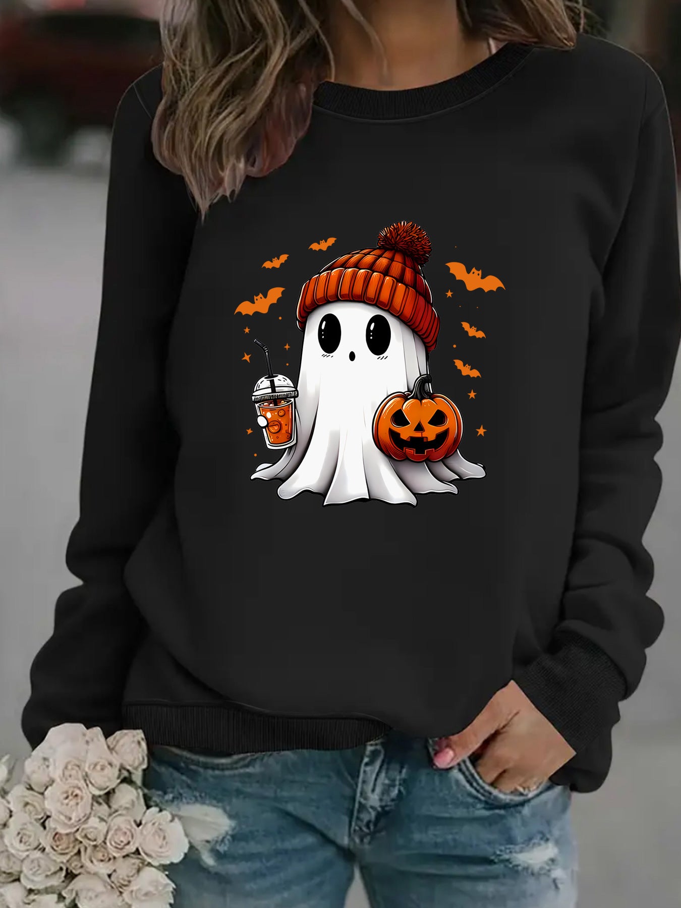 Ghost Snowman Print Crewneck Sweater