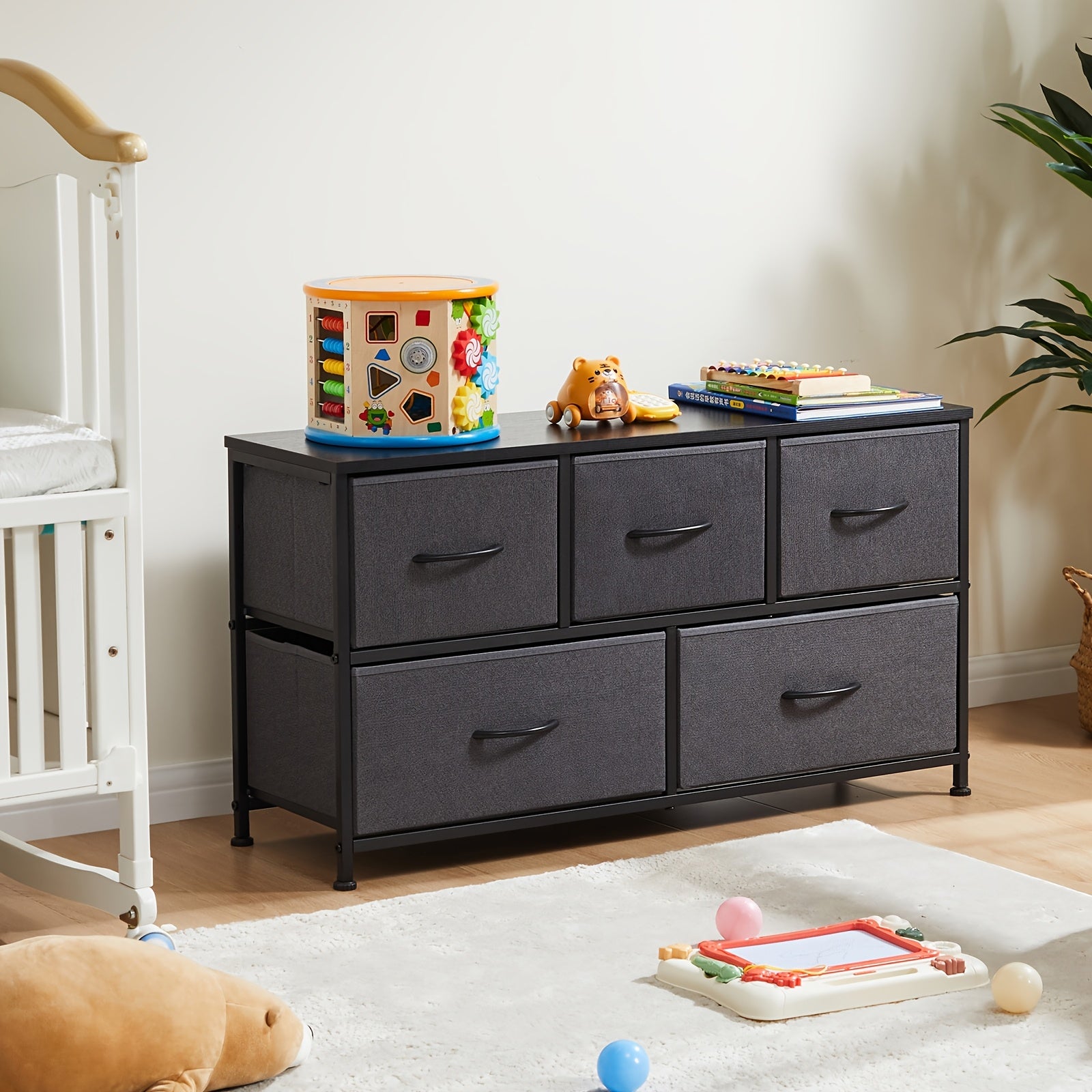 5-Drawer Low Chest Dresser with Fabric Drawers and Removable Bins
