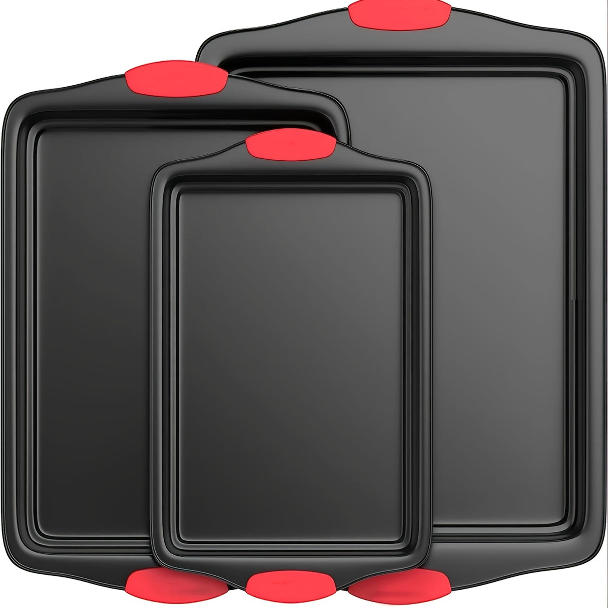 3pcs Carbon Steel Non-stick Kitchen Oven Baking Pan, Luxurious and Fashionable Non-stick Inside and Outside, Commercial Grade Restaurant Quality Metal Baking Pan, with Red Silicone Handle
