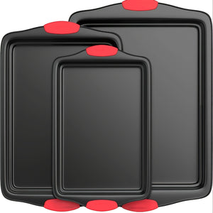 3pcs Carbon Steel Non-stick Kitchen Oven Baking Pan, Luxurious and Fashionable Non-stick Inside and Outside, Commercial Grade Restaurant Quality Metal Baking Pan, with Red Silicone Handle