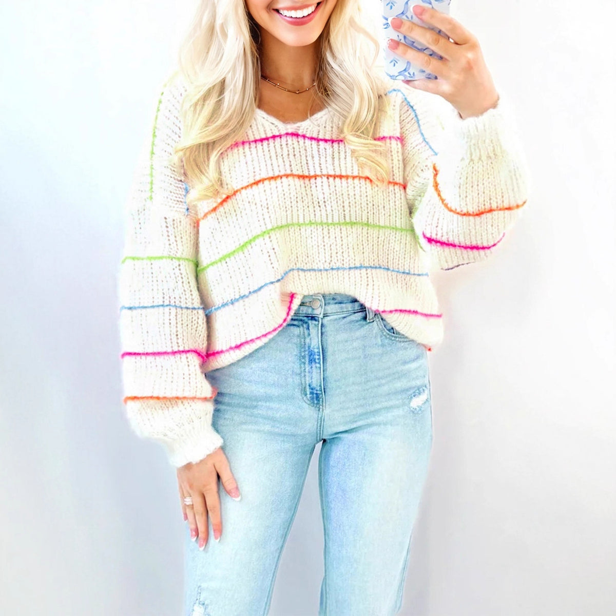 Womens Loose High-elastic Striped Casual Sweater