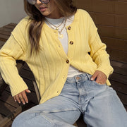 Solid-color Crew-neck Knitted Cardigan Sweater for Women