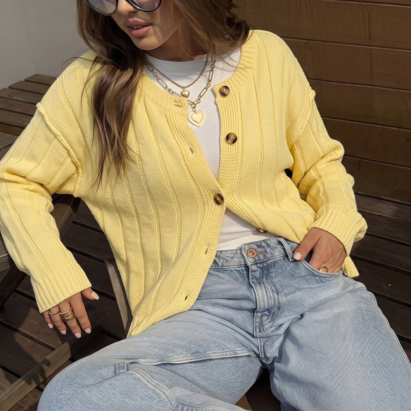Solid-color Crew-neck Knitted Cardigan Sweater for Women