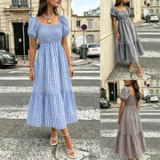 Women's Gingham Puff Sleeve Square Neck Smocked Tiered Maxi Dress - Casual Summer Beach Dress