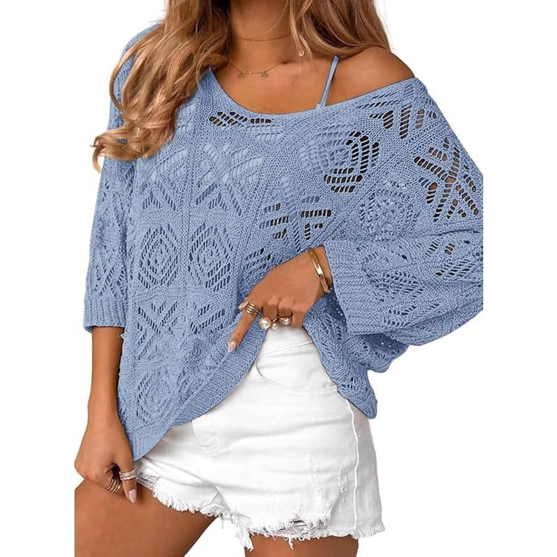 Crochet Hollowed-out Three-quarter-sleeve Pullover Sweater