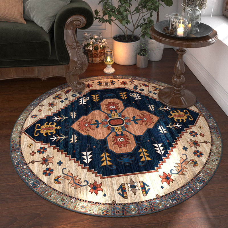 Ethnic Round Area Rug, Abstract Art, Machine Washable Polyester