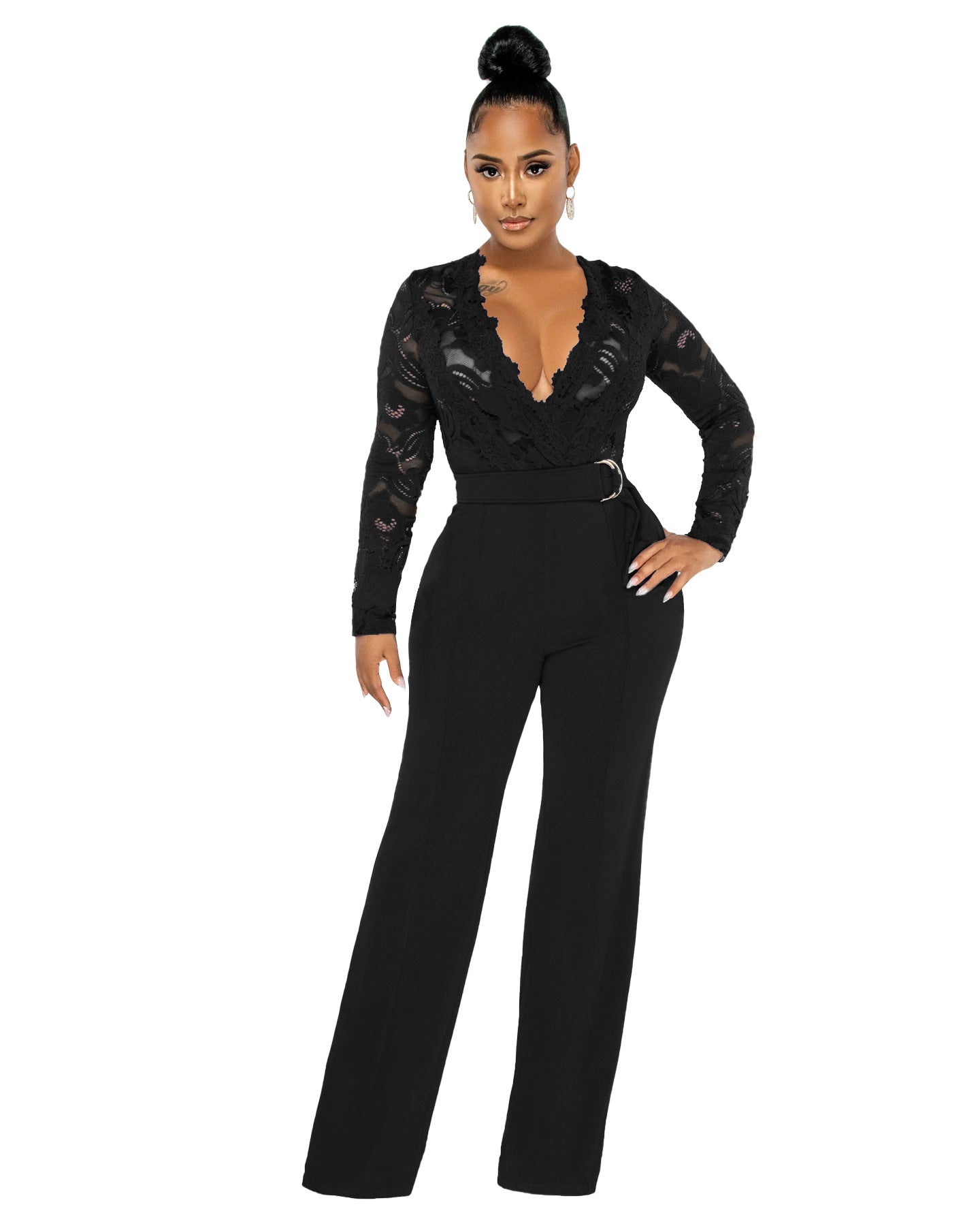 Women's Casual V-Neck Lace See-Through Slim Jumpsuit