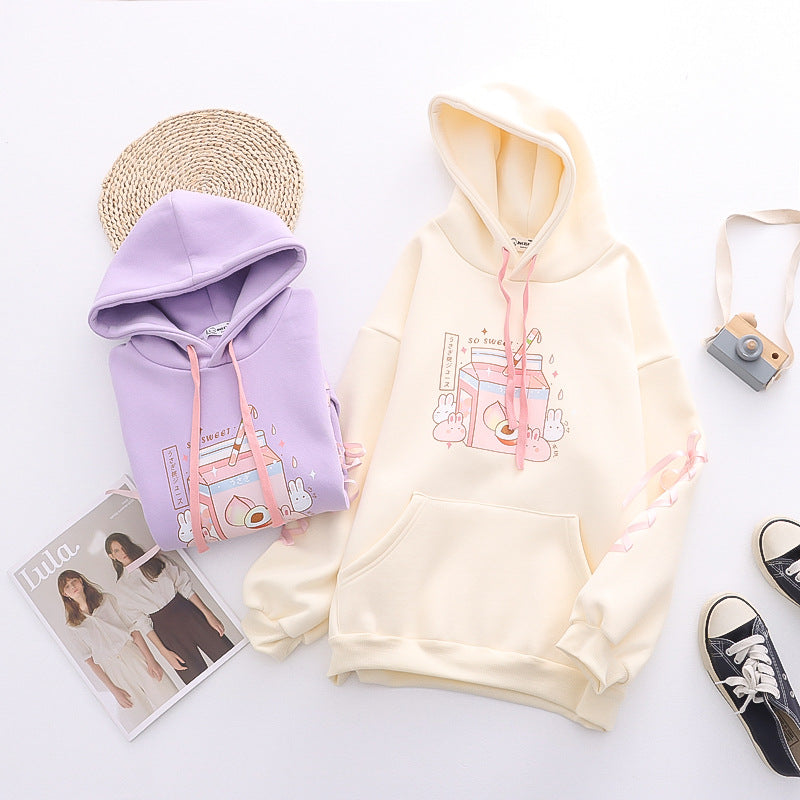 Cute Peach Bunny Fleece Pullover Hoodie
