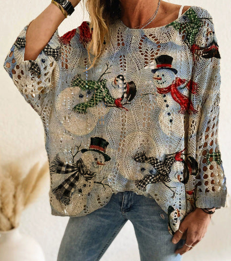 Bat Loose Off-shoulder Boat Neck Diamond Hollow-out Contrast Color Christmas Print Knitted Sweater
