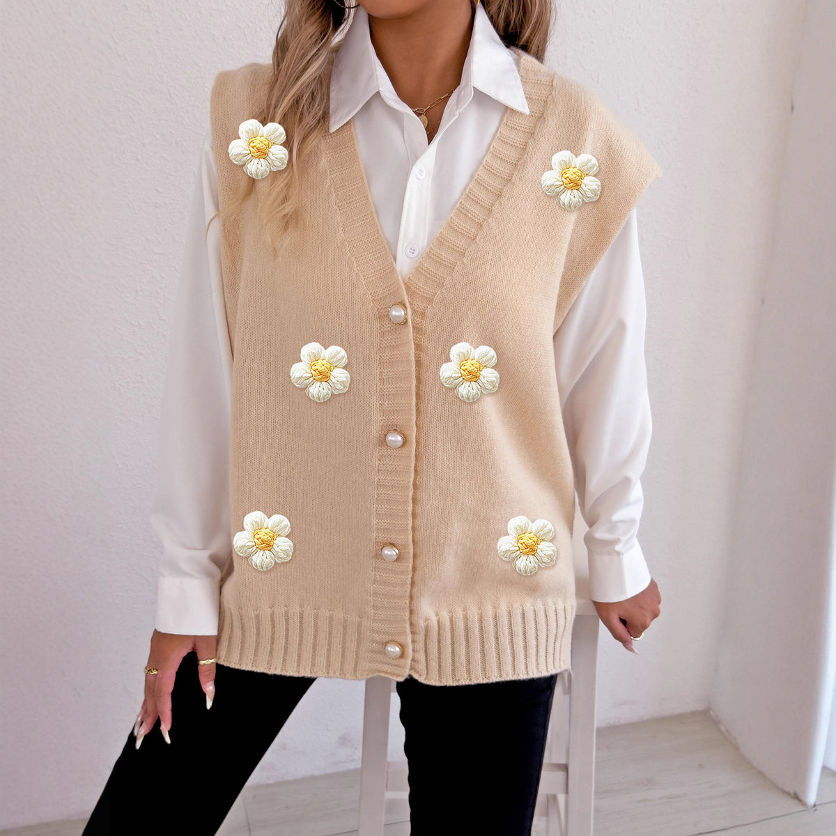 Women's Pearl Button Cardigan Crocheted Stitching Sweater Vest