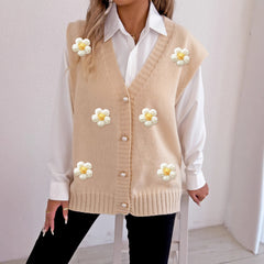 Women's Pearl Button Cardigan Crocheted Stitching Sweater Vest