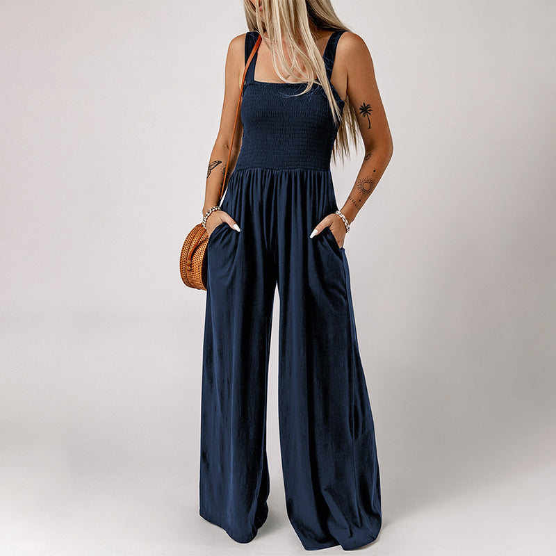 Women's Backless Pleated Wide Leg Summer Jumpsuit
