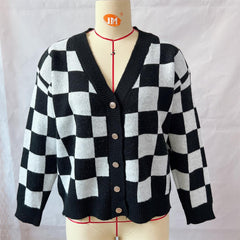 Asian Contrast Color Chessboard Plaid Autumn and Winter Women's Sweater