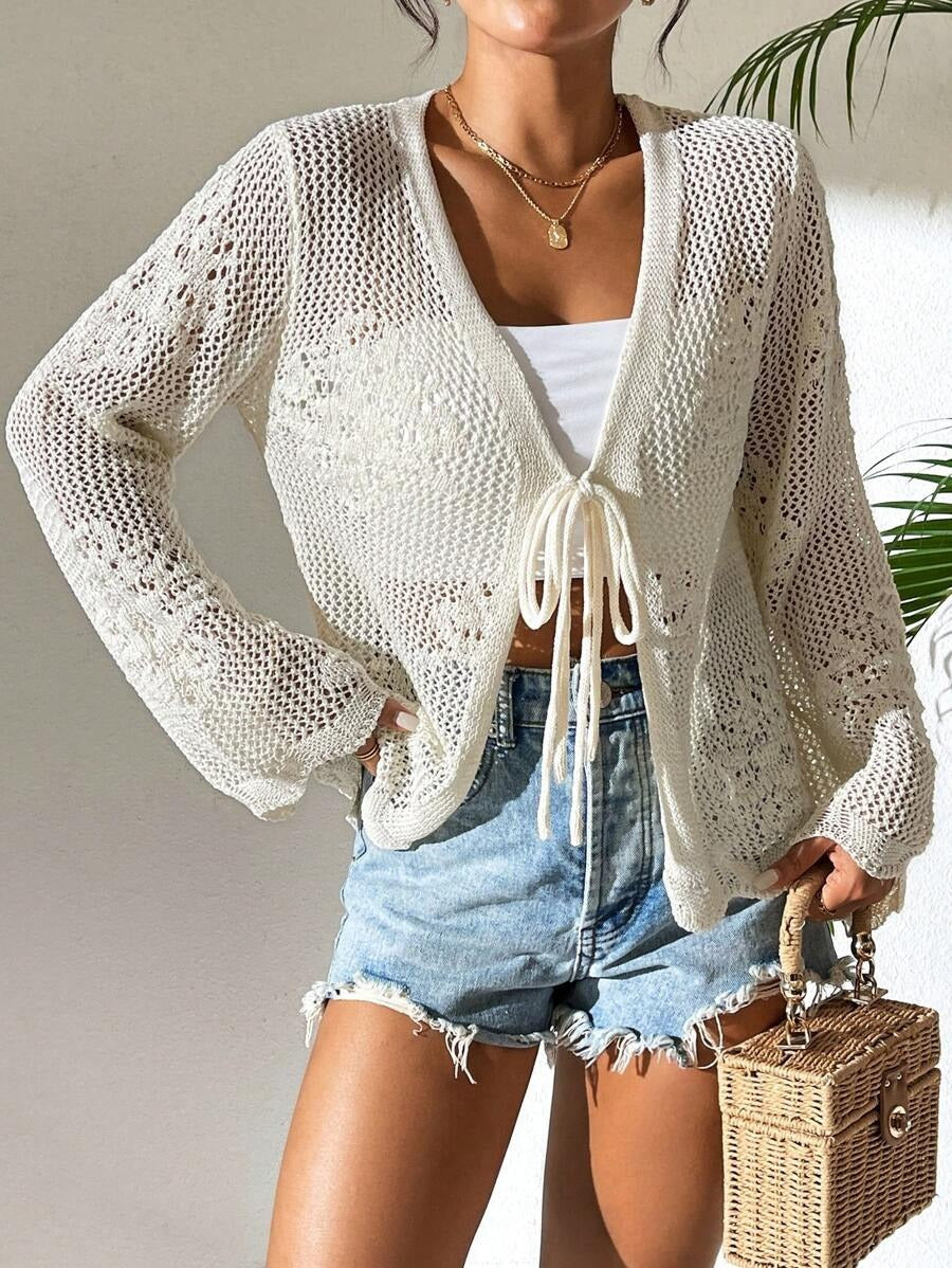 Hollowed-out Lace-up Knitted Cardigan Top Womens Sweater