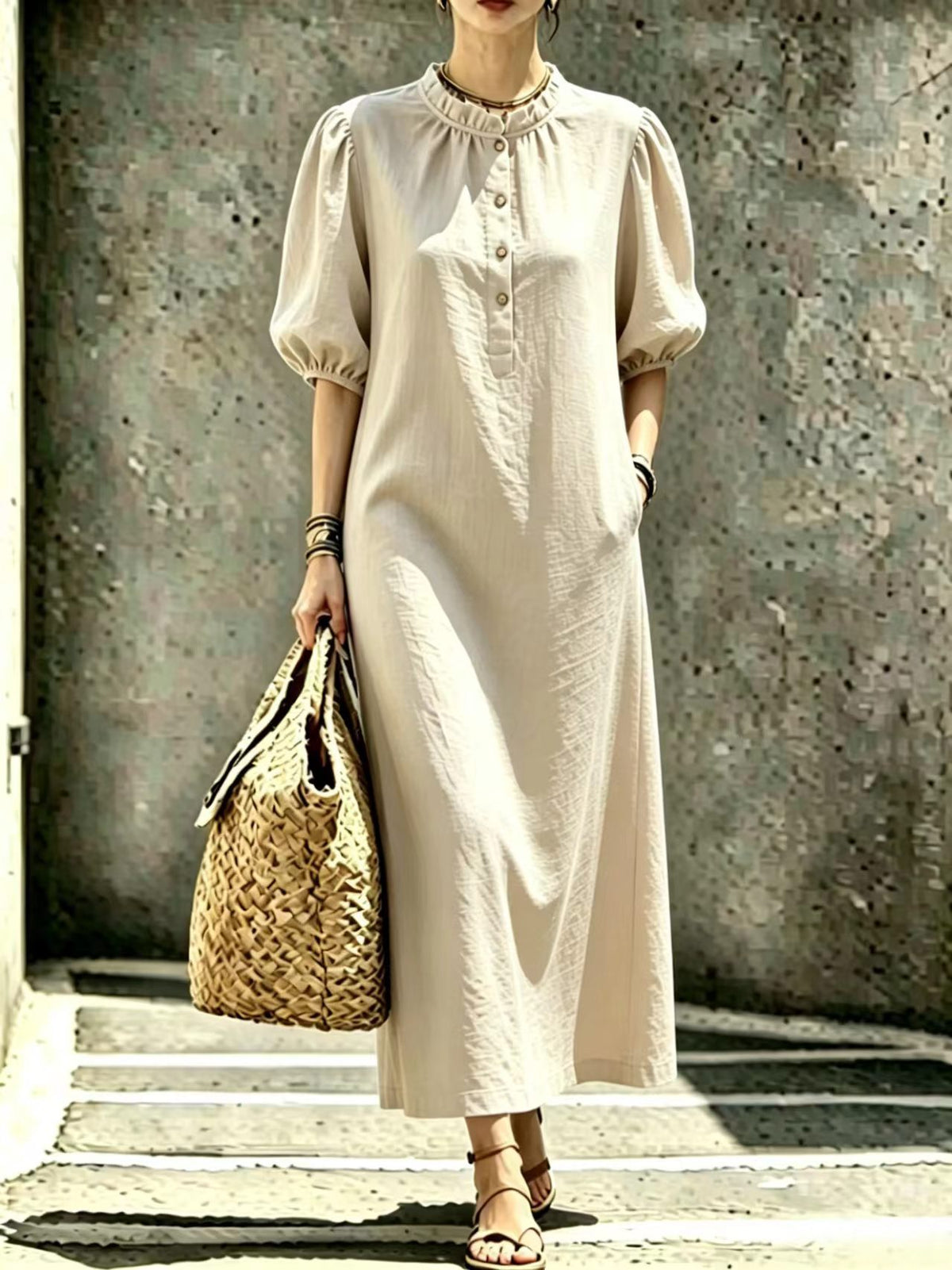 Womens Solid-color Stand-collar Puffed-sleeve Straight Dress