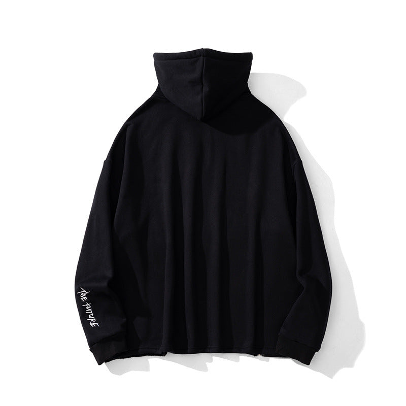 Retro Fleece Zip Hoodie with Drawstring & Pockets