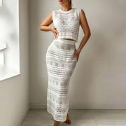 Solid-color Knitted Beach Skirt And Bikini Cover-up Set