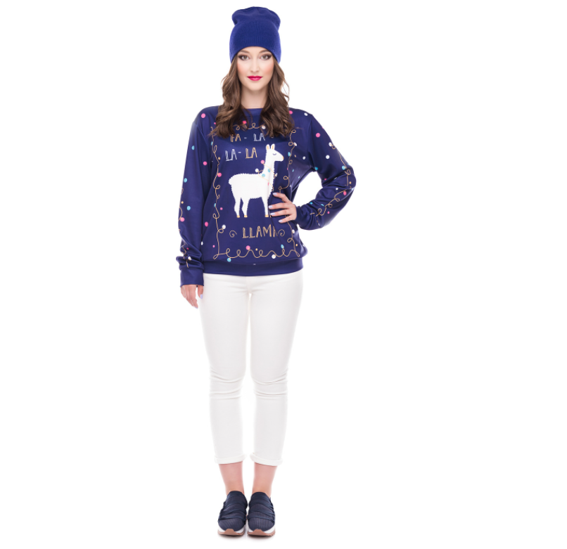 Cute Christmas Alpaca Print Crew Neck Sweatshirt