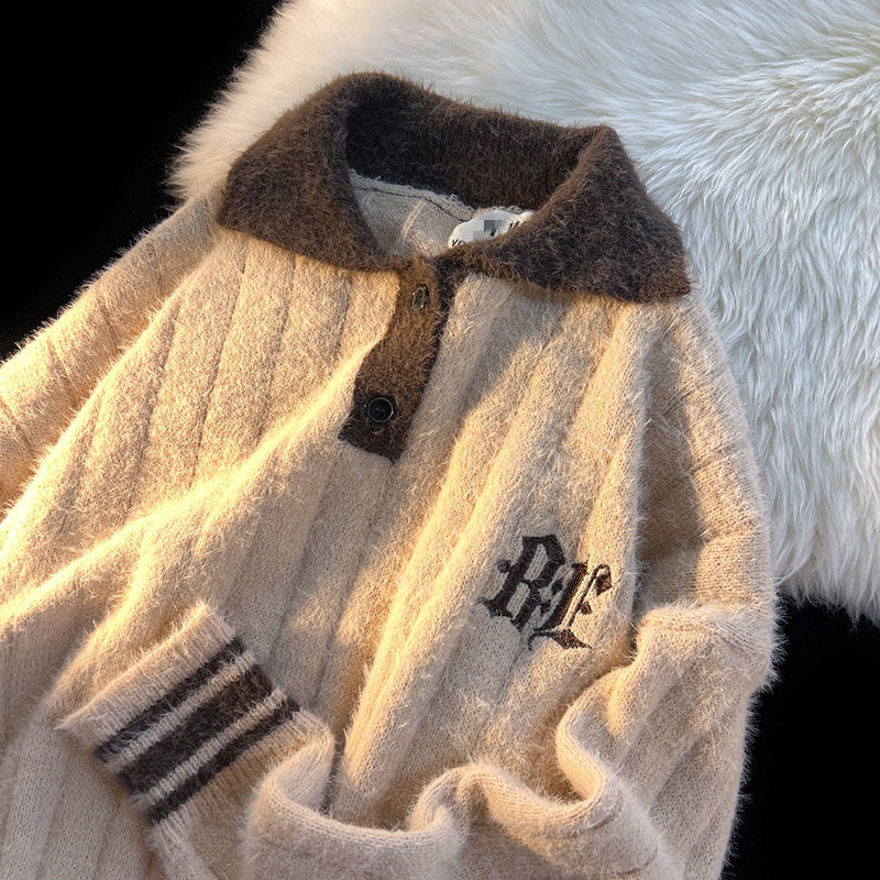 Retro Polo Neck Cream Sweater - Cozy Loose Fit Pullover