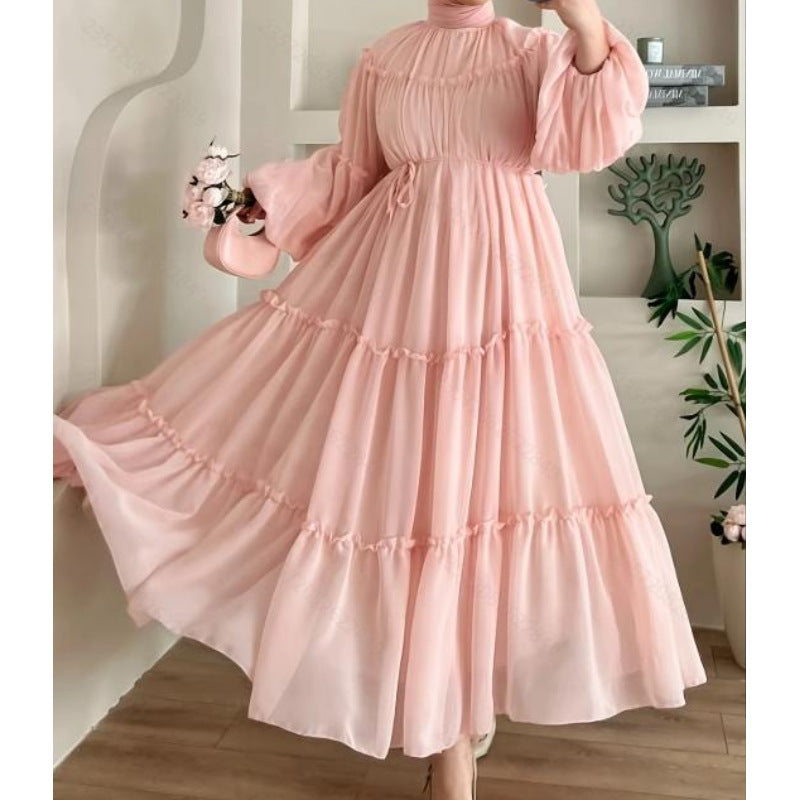 Fashionable Solid Color Soft Lace Detail Belt Long Chic and Elegant Dress