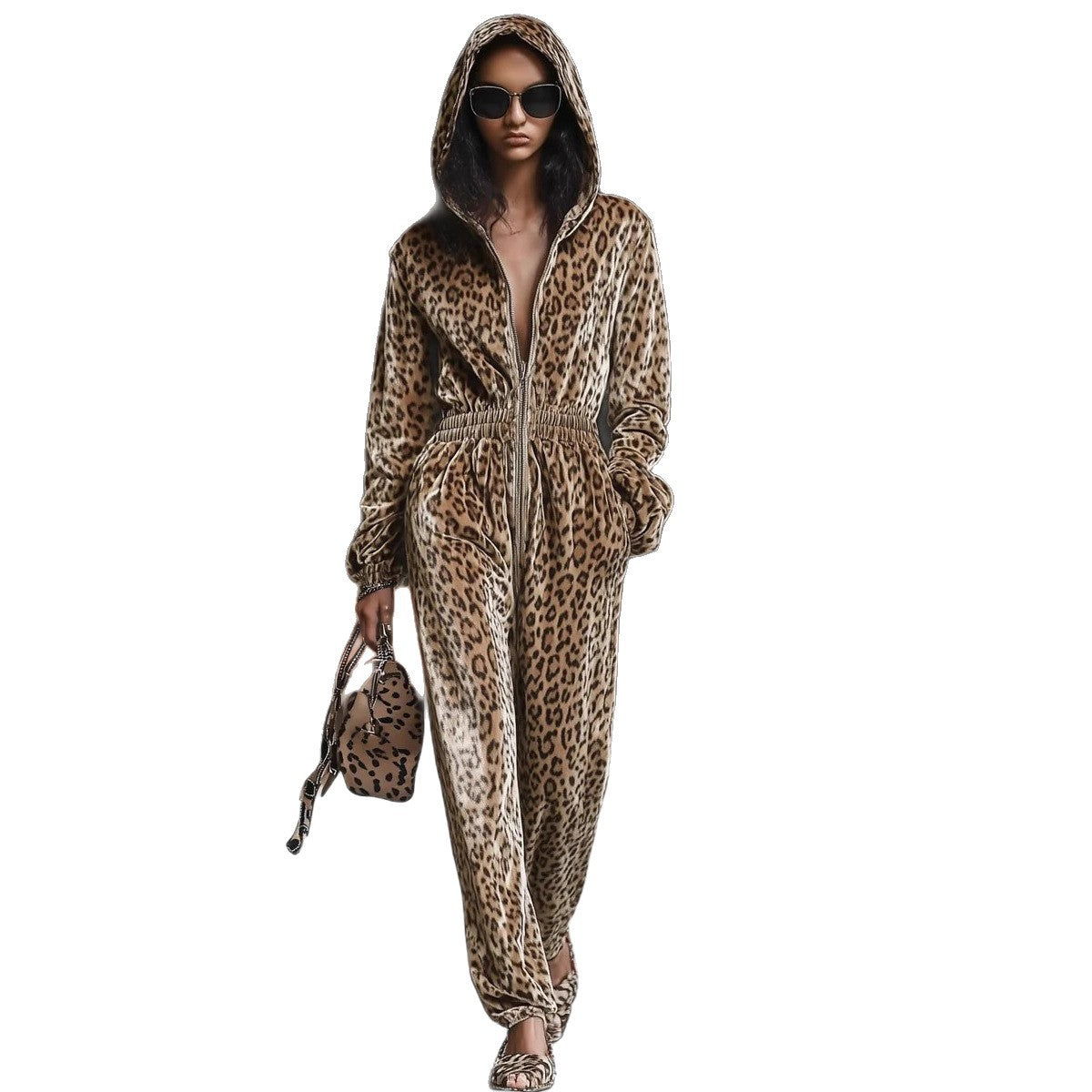 Leopard Print Hooded Long Sleeve Jumpsuit