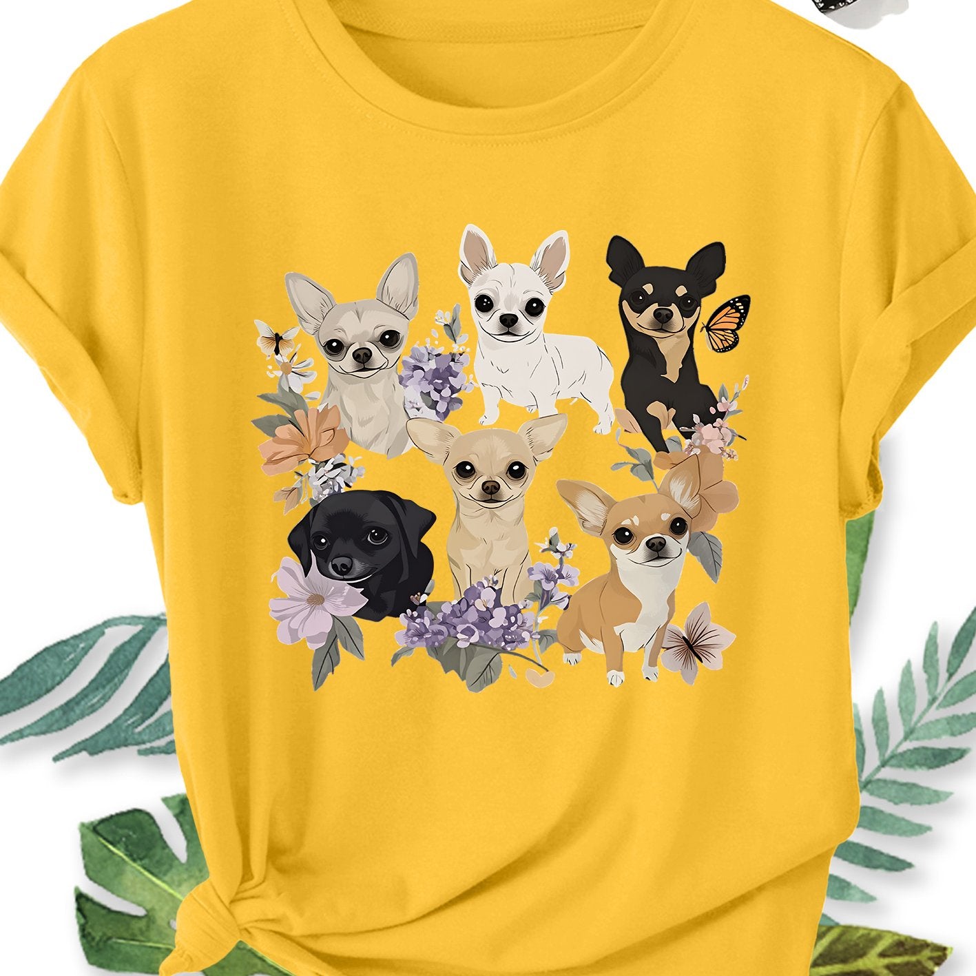 Ladies' Plus Size Short Sleeve T-Shirt with Chihuahua Dog Floral Print, Crew Neck