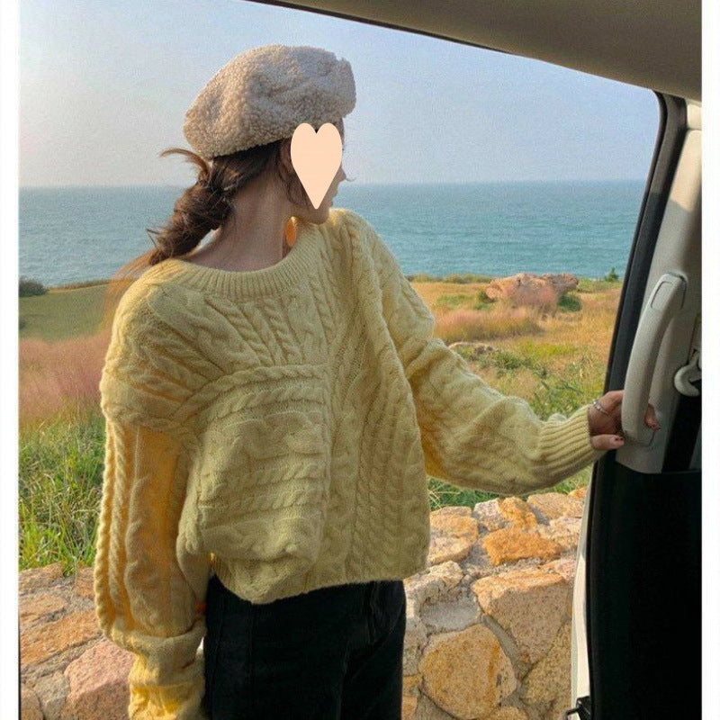 Autumn and Winter Lazy Style Loose Solid Color Twist Round Neck Sweater