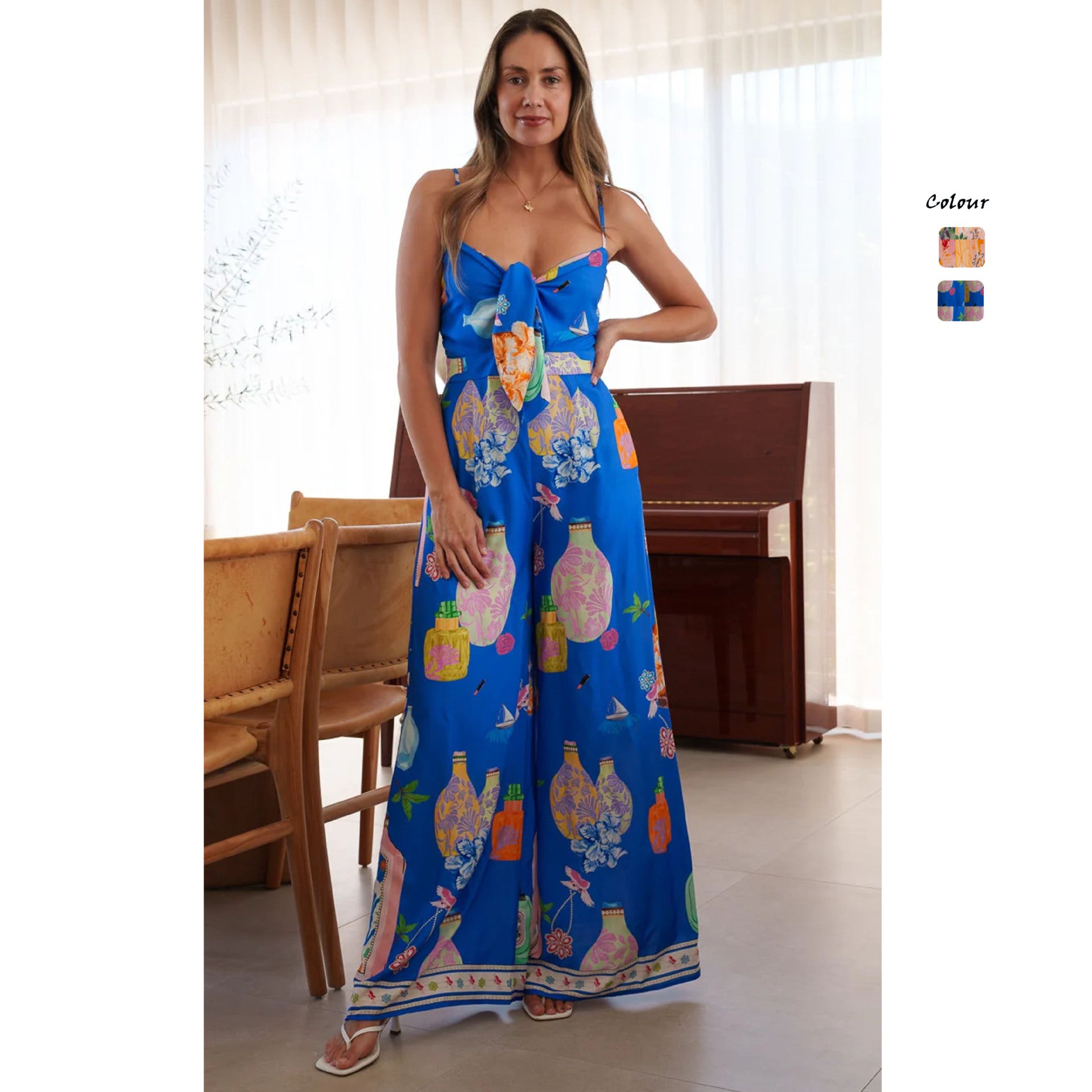 Fashionable V-Neck Suspender Wide-Leg Lace-Up Jumpsuit