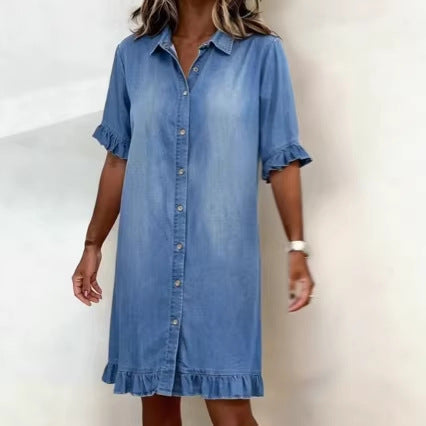 Womens Washed Single-breasted Denim Dress