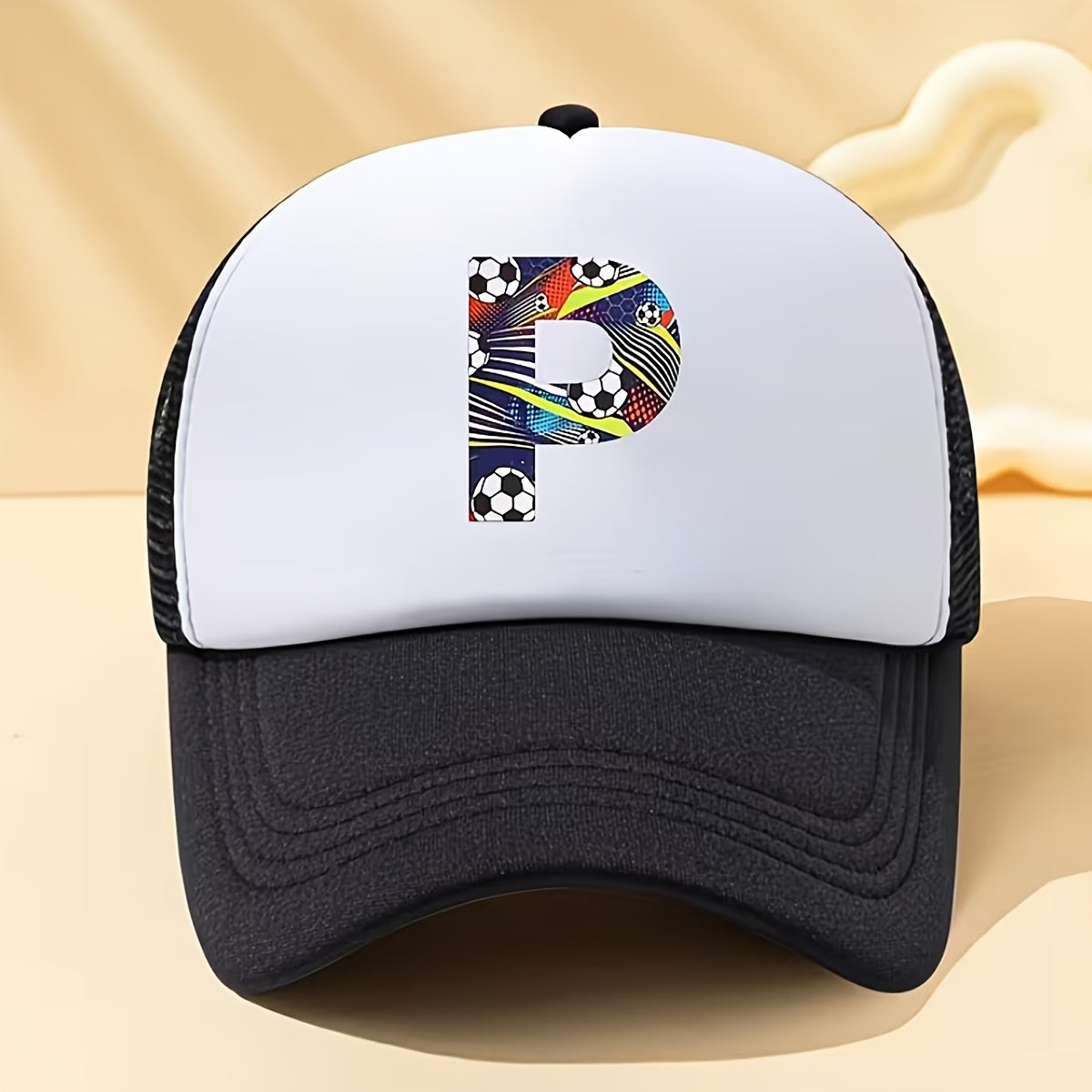 Kids Soccer-Themed Mesh Trucker Cap with A‑Z Letter Print