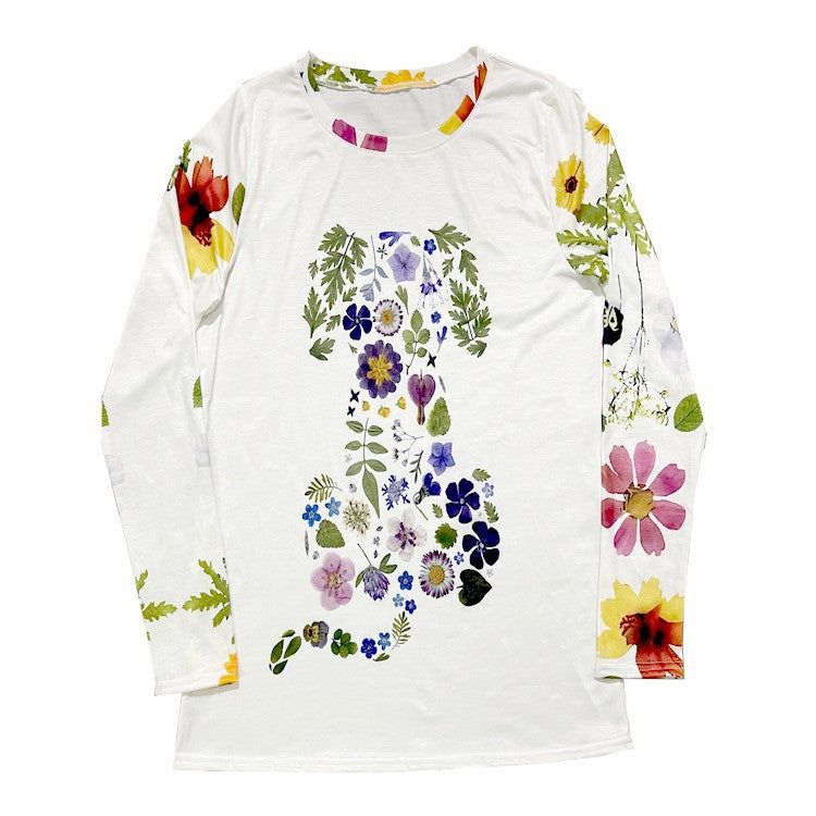 Floral Print Long Sleeve Pullover Round Neck Top for Women
